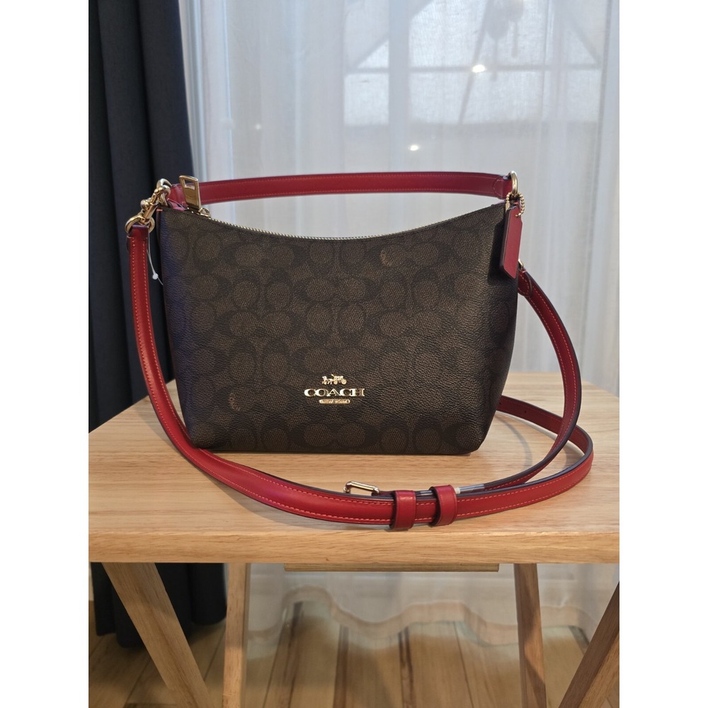 COACH CX610 Zip Top Shoulder Bag In Signature Canvas & Leather Walnut/Bold Red